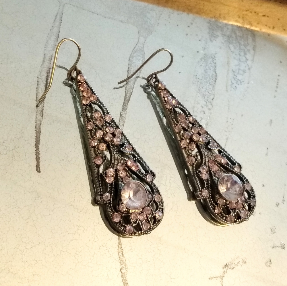 Rosey Blush and Aged-gold/bronze Drop Earrings
